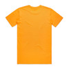An orange t-shirt featuring a plain back design and a round neckline. The shirt has a logo on the inner tag.