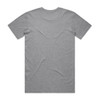 A grey T-shirt featuring short sleeves and an empty back. The shirt includes a logo on the front.