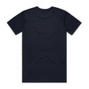A navy blue T-shirt with a plain back, featuring a logo on the collar.