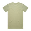 A light green t-shirt with a smooth texture, featuring a simple design and a logo on the back.