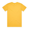 A yellow T-shirt with a plain back and short sleeves, featuring a logo.