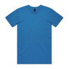 A blue T-shirt with short sleeves and a round neckline, featuring a logo on the tag.