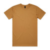 A plain mustard-coloured T-shirt with short sleeves and a logo on the neckline.