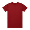 A red T-shirt with a crew neck and short sleeves, featuring a small logo on the neckline.