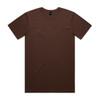 A brown t-shirt with short sleeves and a round neckline, featuring a logo on the tag.