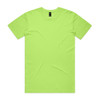 A bright lime green t-shirt with a standard crew neck and short sleeves, featuring a logo on the tag.