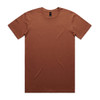 A brown T-shirt with a crew neck and short sleeves, featuring a logo label inside the collar.
