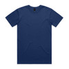 A navy blue t-shirt with short sleeves and a crew neckline, featuring a brand logo on the inside label.