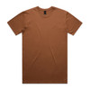 A plain brown t-shirt with a classic crew neckline and short sleeves. It features a logo at the neck area.