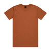 A plain brown T-shirt with a round neckline and short sleeves, featuring a small logo at the collar.