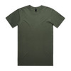 An olive green t-shirt with a crew neck and short sleeves, featuring a logo on the label.