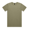 An olive green T-shirt featuring a crew neck and short sleeves, with a logo on the label.