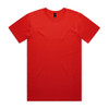 A red T-shirt with short sleeves, featuring a logo at the neck.
