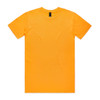 An orange t-shirt featuring short sleeves and a round neck, with a logo on the label.