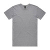A grey T-shirt with a round neck and short sleeves, featuring a logo on the neckline.