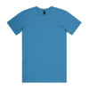 A light blue T-shirt with short sleeves and a round neckline, featuring a label inside.