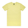 A plain yellow T-shirt featuring a crew neck and short sleeves, with a logo on the label.
