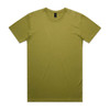 An olive green t-shirt with a round neck and short sleeves, featuring a logo on the label.