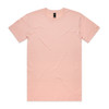 A plain pink T-shirt with a round neckline and short sleeves, featuring a subtle logo on the inside label.