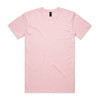 A pink T-shirt featuring a crew neckline and short sleeves, with a logo located near the neckline.