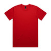 A red t-shirt with a round neck, short sleeves, and a label inside the collar. The shirt has a plain design.