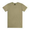 An olive green T-shirt featuring a crew neckline and short sleeves, with a logo on the label.
