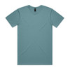 A teal T-shirt displayed flat, featuring short sleeves and a simple design. It has a logo on the label.