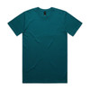 A teal t-shirt with a round neckline and short sleeves, featuring a branding label on the inside.