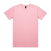A pink T-shirt with a crew neckline and short sleeves, featuring a logo on the label.
