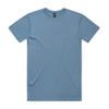 A light blue T-shirt with short sleeves and a tag. The shirt has a plain design and features a logo.