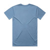 A blue t-shirt with a standard crew neck and short sleeves, featuring a plain back and a logo.