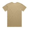 A plain beige T-shirt with a crew neck and short sleeves, featuring a logo on the back.