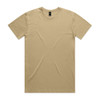 A beige t-shirt with a round neck and short sleeves, featuring a logo on the label.
