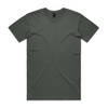 A green T-shirt with a round neckline and short sleeves, featuring a logo on the label.