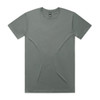 A plain grey T-shirt with short sleeves and a round neckline, featuring a logo at the neck.