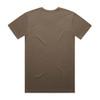 A plain brown T-shirt featuring a crew neck and short sleeves, with a logo on the back.