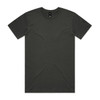A plain dark grey t-shirt featuring a round neckline and short sleeves, with a logo on the label.