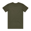 An olive green t-shirt with a plain back and short sleeves, featuring a logo.