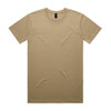 A tan staple tee with a round neckline and short sleeves, featuring a brand logo.