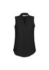 A sleeveless women's top in black, featuring a v-neck design and a flowy silhouette. It includes a logo.