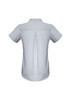 A women's button-up shirt in light grey with short sleeves and a pleat detail at the back. It features a logo.