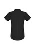 A black women's button-up shirt with a short sleeve design and a pleat detail at the back.