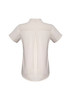 A short sleeve button-up shirt in a cream colour with a back pleat and a logo.