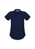 A navy blue women's button-up shirt with short sleeves and a v-neck design. It features a logo.