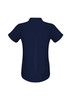 A navy blue women's button-up shirt featuring short sleeves and a back pleat. Includes a logo detail.