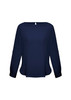 A navy women's boatneck top featuring long sleeves and a relaxed fit, with a small logo at the back.