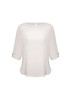 A light grey women's boatneck top with three-quarter sleeves and a subtle back button detail.