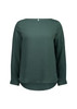 A women's boatneck top in a deep green colour, featuring long sleeves and a curved hemline.