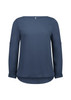 A navy blue boatneck top with long sleeves and a curved hem, featuring a subtle logo on the garment.