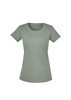 A women's short-sleeve T-shirt in a soft green hue, featuring a rounded neckline and a logo on the side.